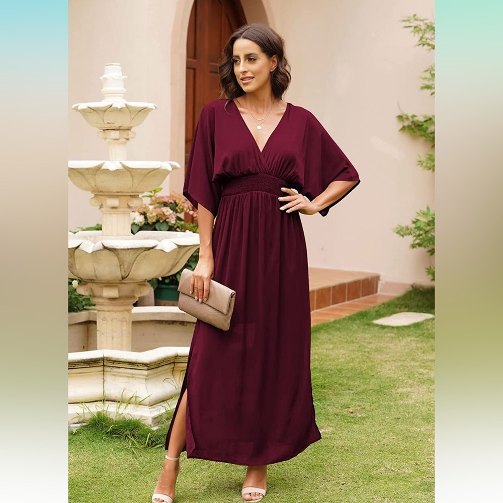 Meenew Women's Deep V Neck Maxi Dress Ruby